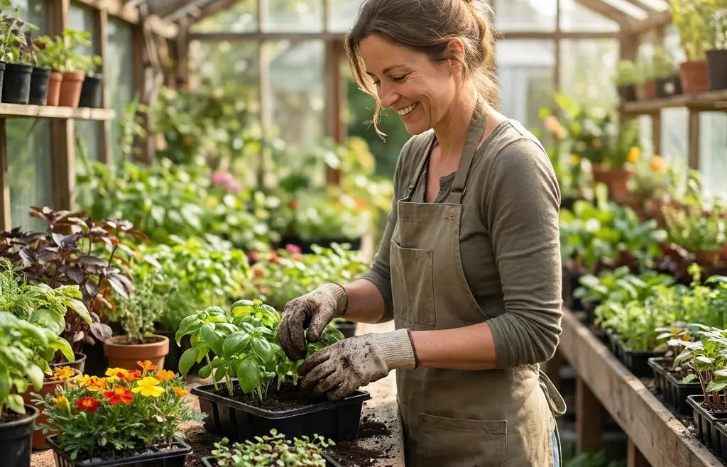 Woman working with plants in a greenhouse
