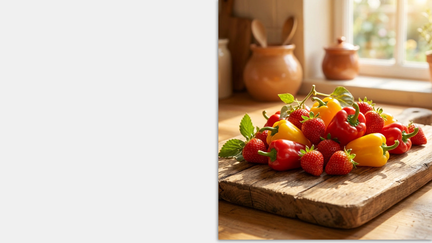 Assorted fresh strawberries and bell peppers on a wooden cutting board with a kitchen background.