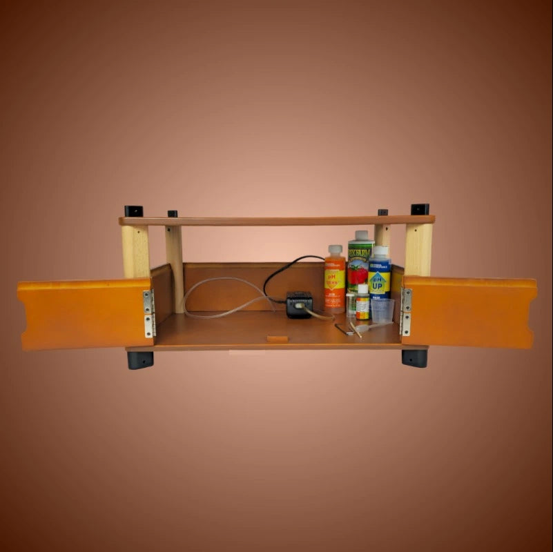 Open storage units with accessories inside.