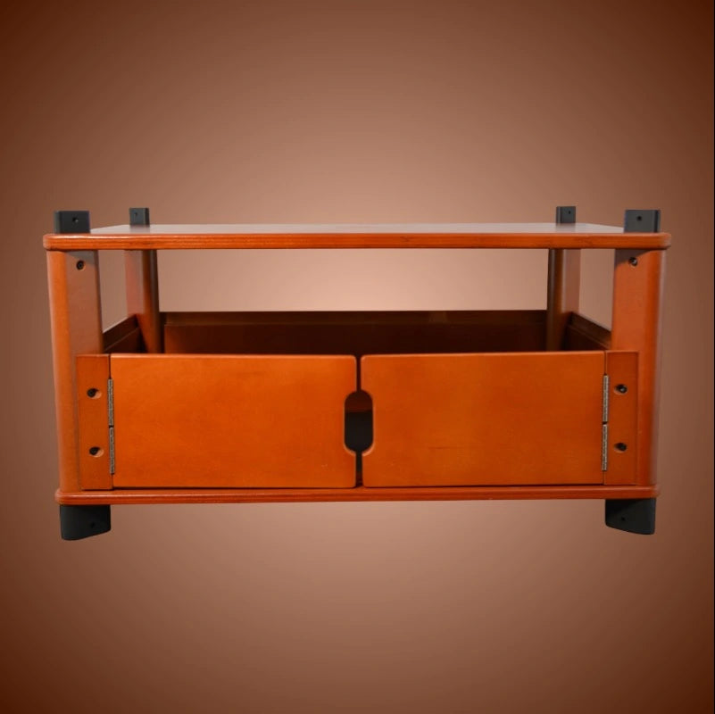 Wooden storage unit for a hydroponic home farm.
