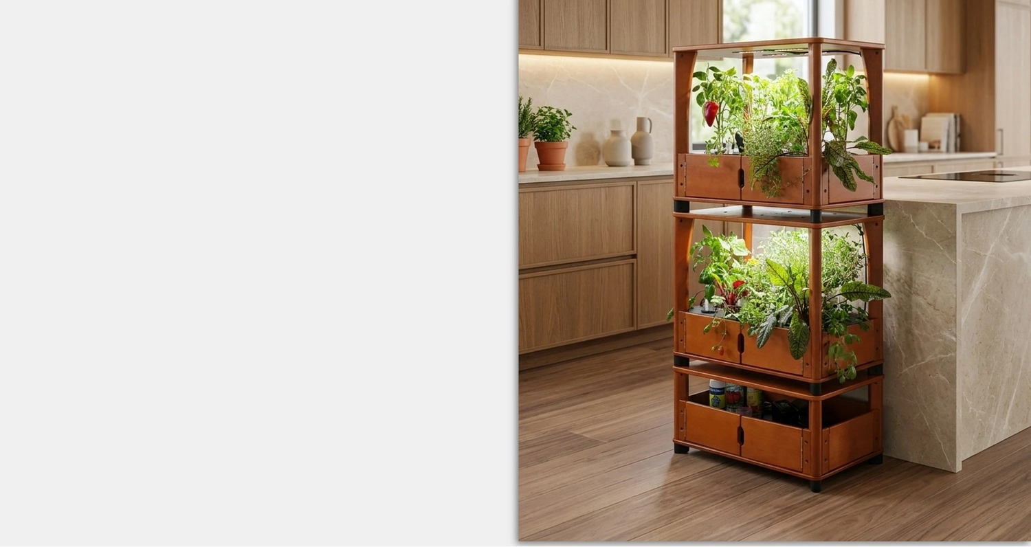 Kitchen with a wooden plant stand holding potted plants.