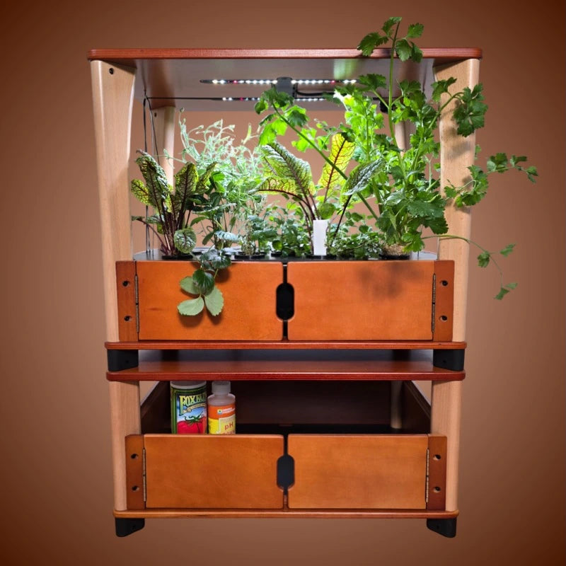 Brown indoor gardening system with plants and LED lights on a brown background.