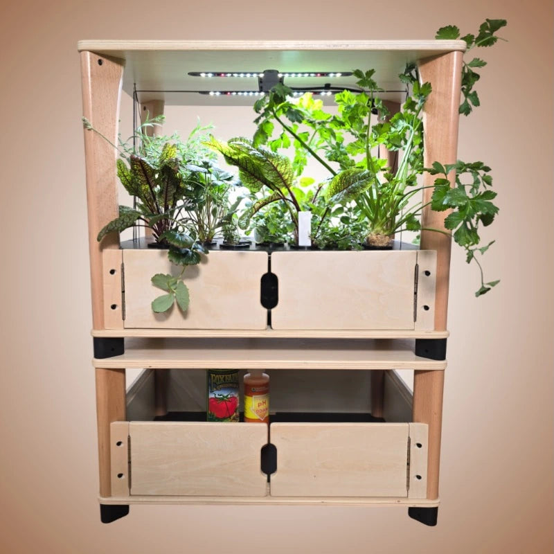 Wooden indoor gardening system with plants and storage on a light brown background.