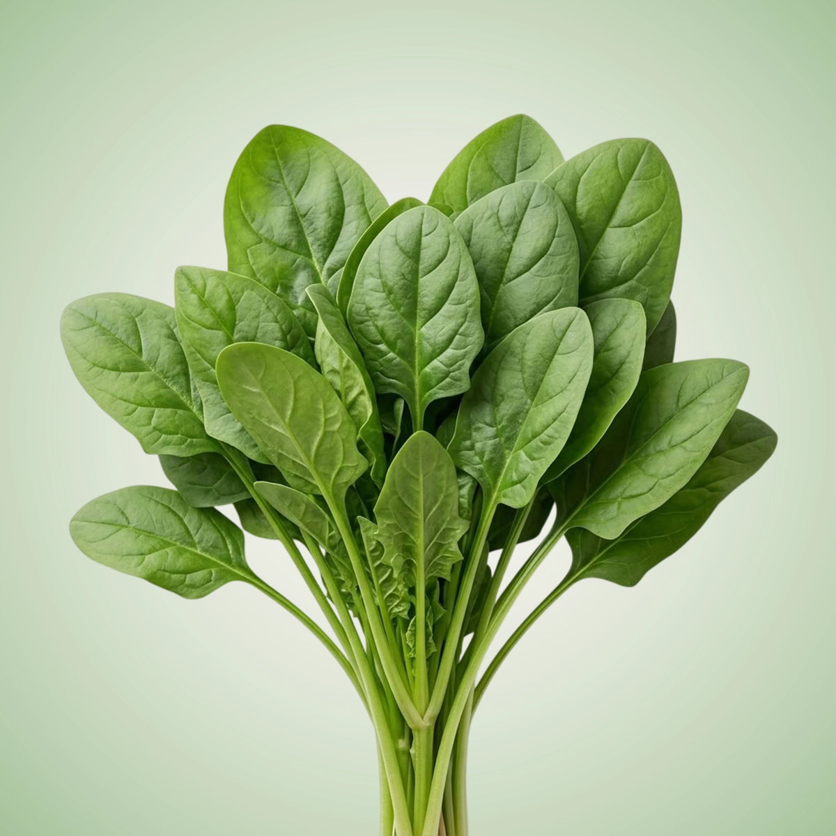 A fresh bunch of leafy green spinach with visible veins and roots on a white background.