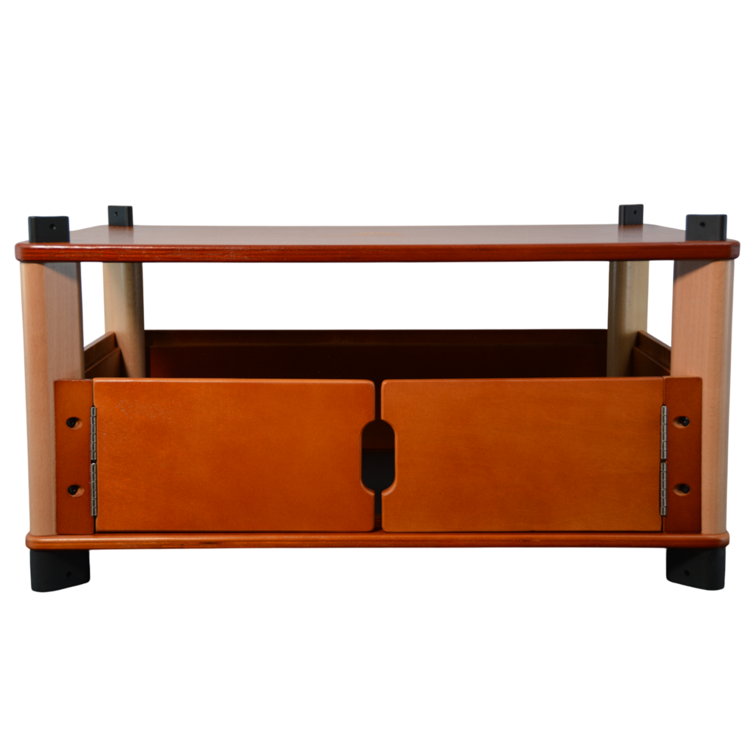 Wooden TV stand with a single drawer on a gray background