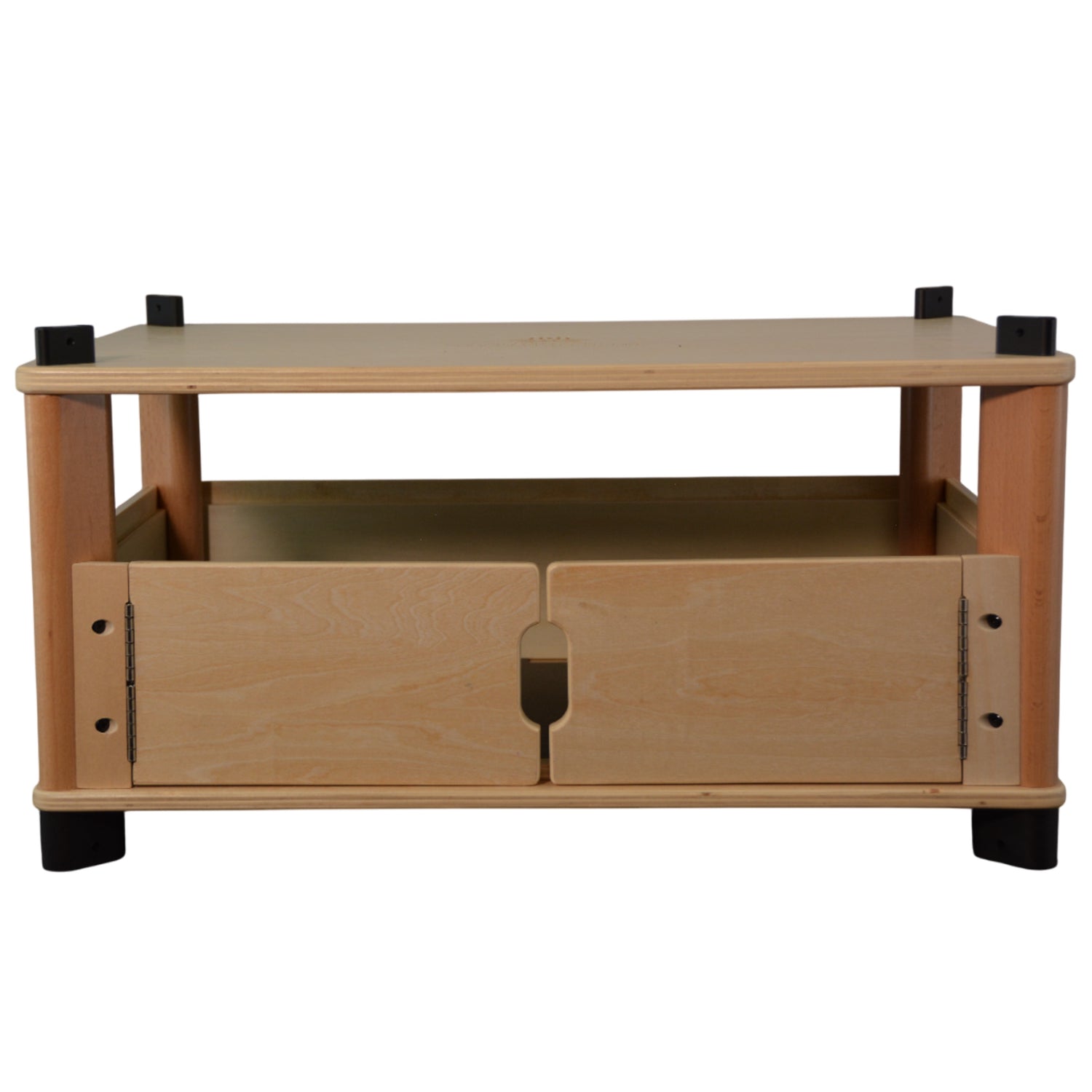 Wooden TV stand with a single drawer on a white background