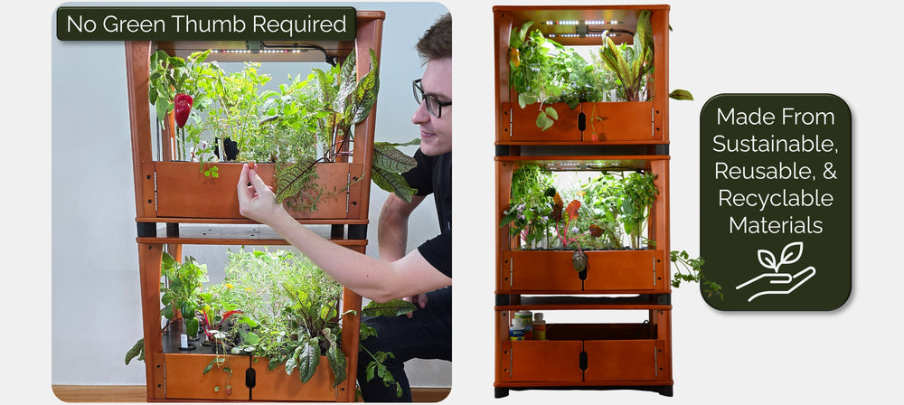 Vertical garden system with a person interacting with it, labeled 'No Green Thumb Required' and 'Made From Sustainable, Reusable, & Recyclable Materials'.