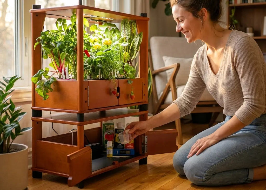 Woman tending to a vertical garden indoors
