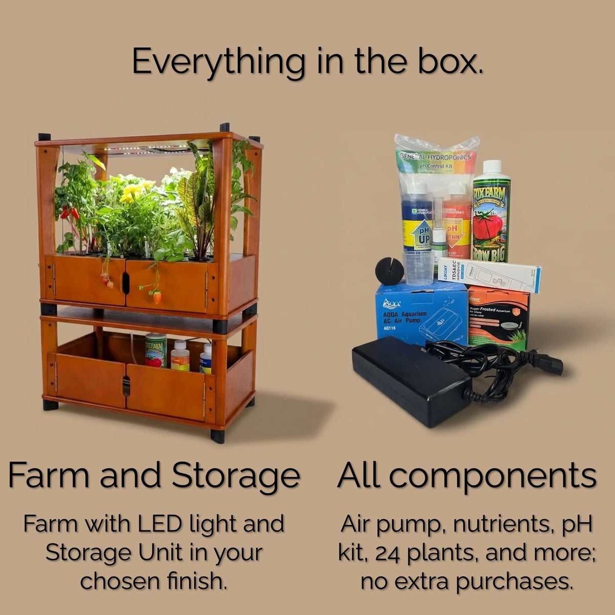 Everything in the box: farm with LED light, storage unit, air pump, nutrients, pH kit, 24 plants, no extra purchases.