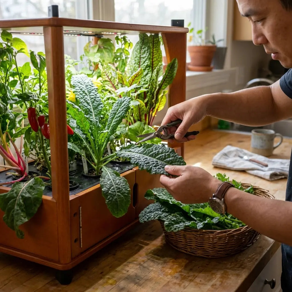 Hands harvesting fresh kale and herbs from an Aquager hydroponic farm into a basket at home
