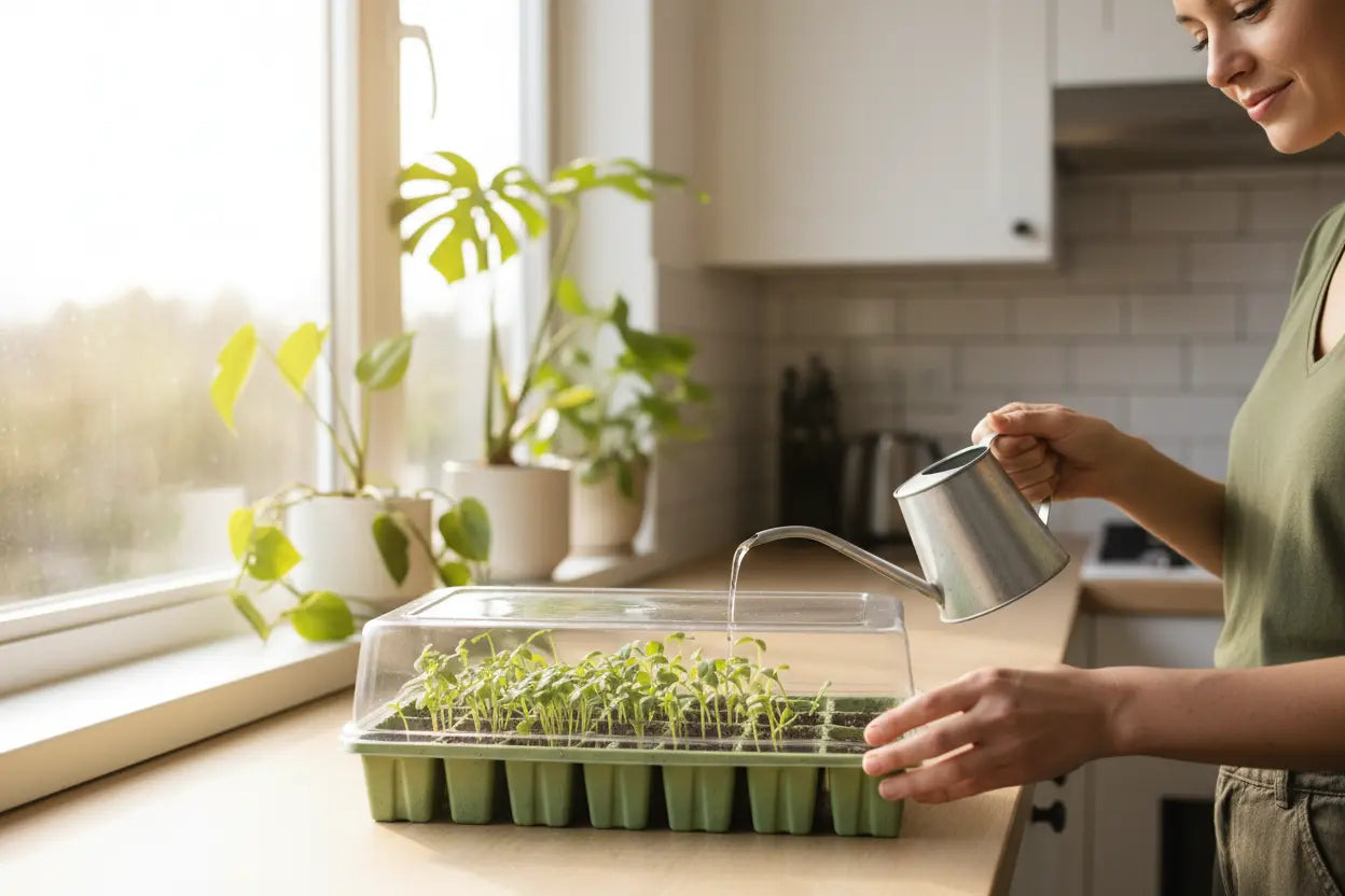 beginner gardener starting seeds indoors using a seed starter kit with humidity dome on a kitchen windowsill