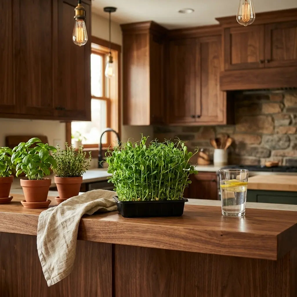 Kitchen counter with potted plants and a glass of water