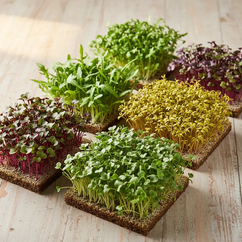 trays of fast growing microgreens including radish broccoli mustard and arugula growing densely on grow mats