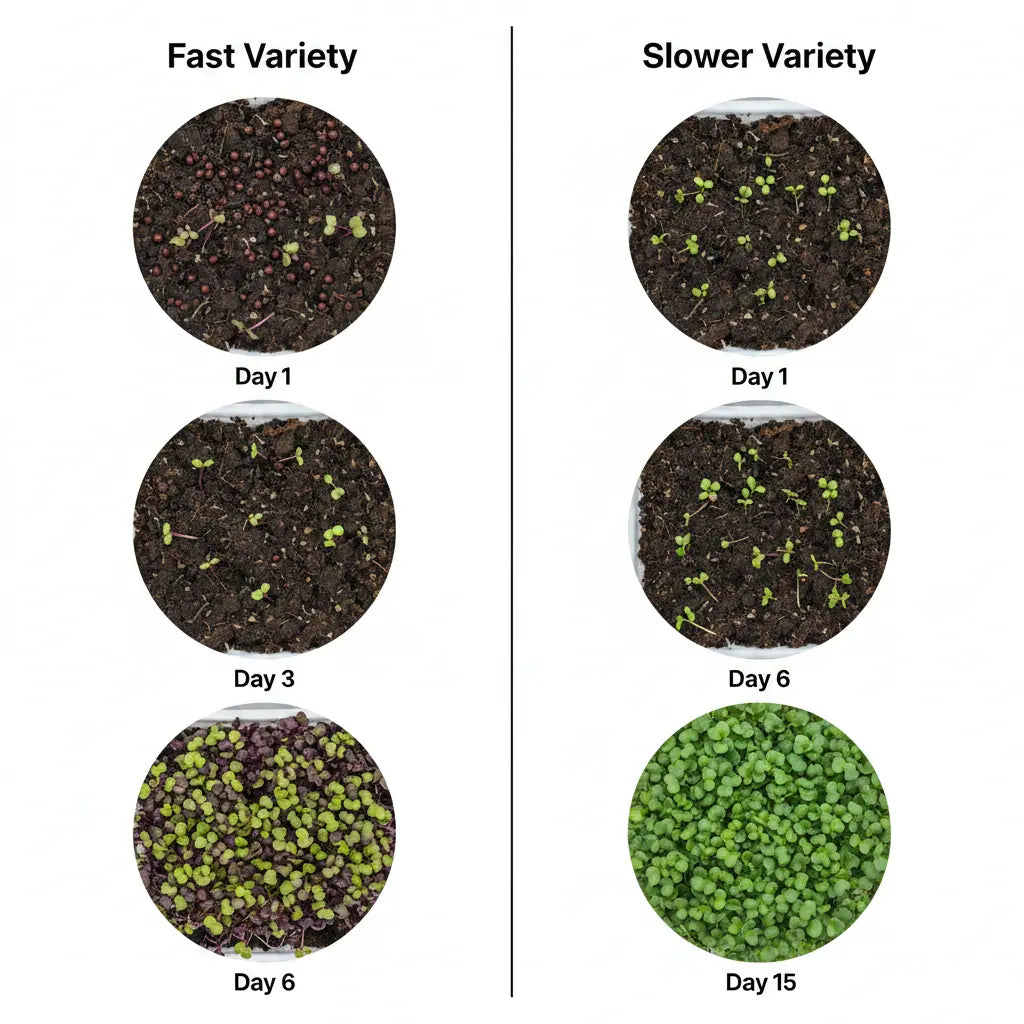 Comparison of fast growing microgreens harvested in 6 days versus slower varieties harvested in 10 days.