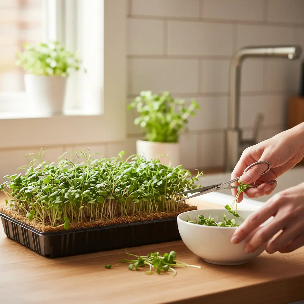 person harvesting fresh microgreens from indoor growing tray on kitchen counter