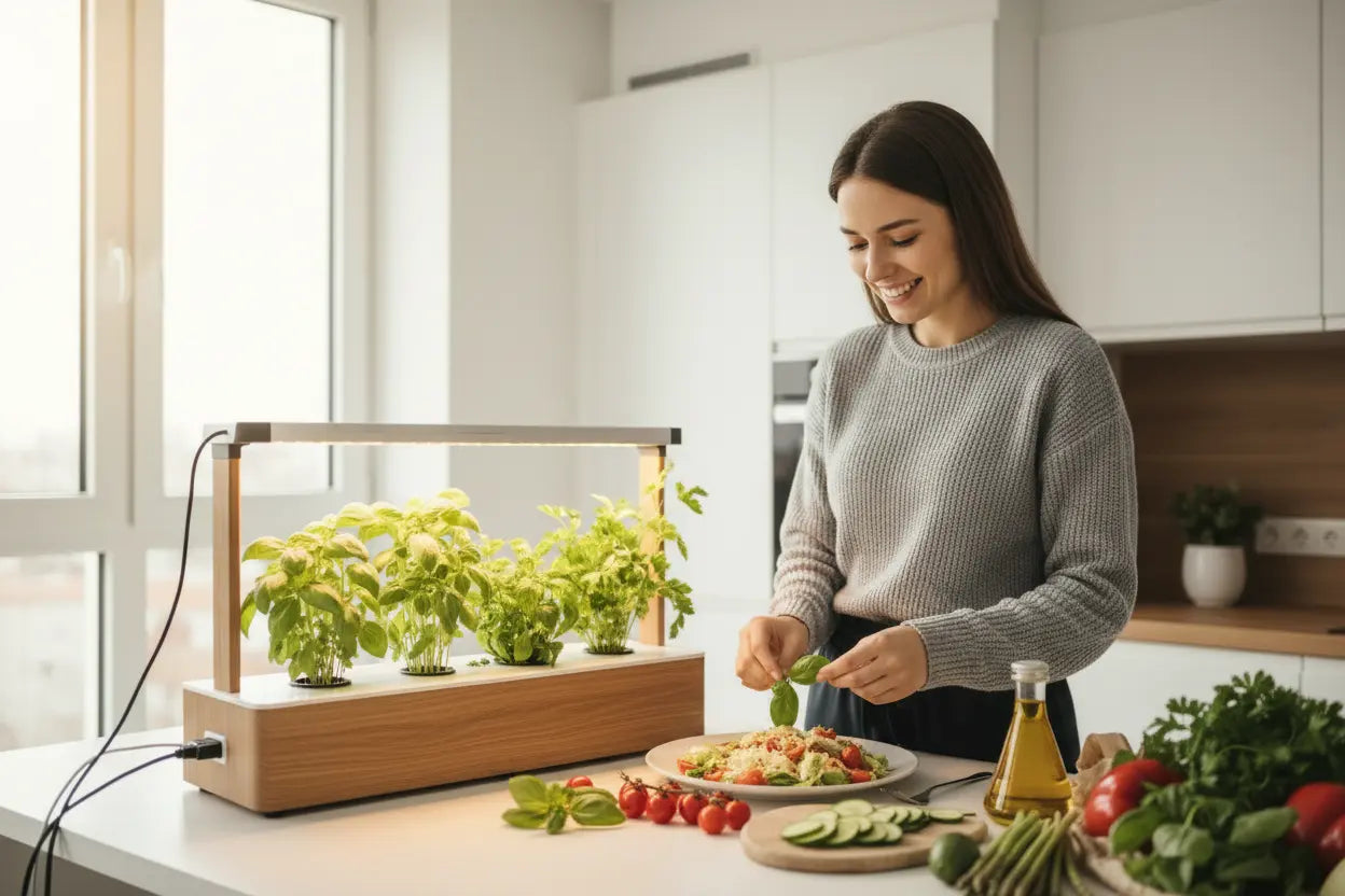 Person harvesting basil leaves from a hydroponic indoor garden and adding them to a meal in a kitchen