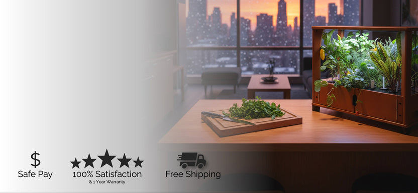 Modern kitchen space with a desk, plants, and a cityscape view.