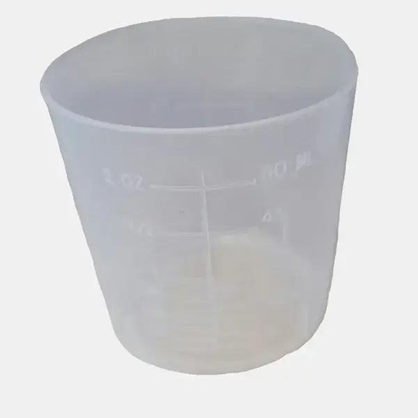 Clear plastic measuring cup 60ml for hydroponic nutrients, pH solutions, and precise gardening measurements
