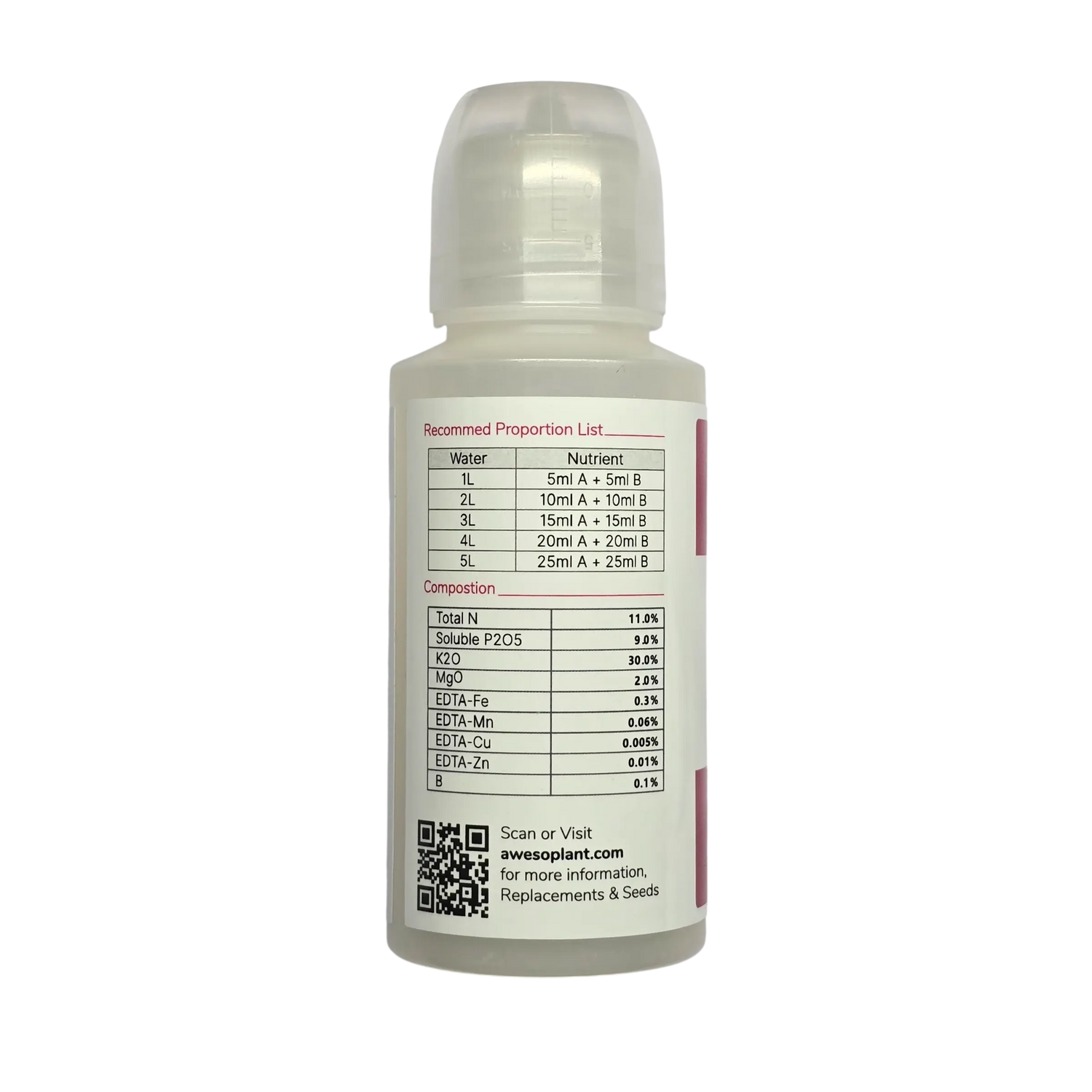 Awesome Plant Food A bottle label showing dosing chart and composition: Total N 11%, P2O5 9%, K2O 30%