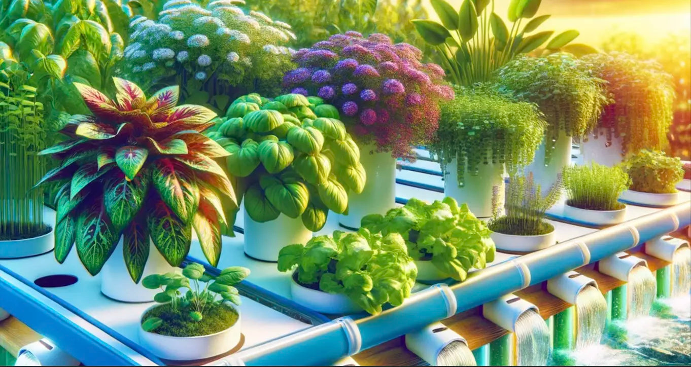 Row of potted plants in a hydroponic system with sunlight filtering through.
