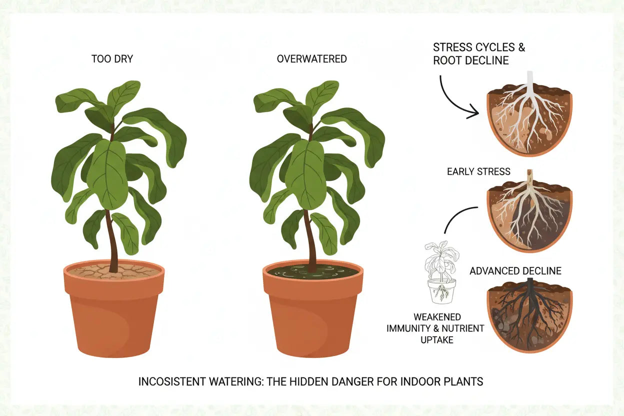 Indoor plant watering stress comparison showing wilting from dry soil, overwatering damage from waterlogged soil, and weakened roots from inconsistent watering cycles