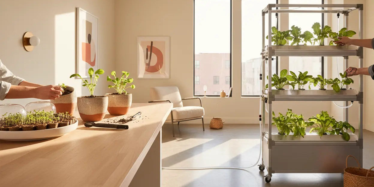 Step-by-step indoor plant growing process from seeds to full hydroponic system in a home environment
