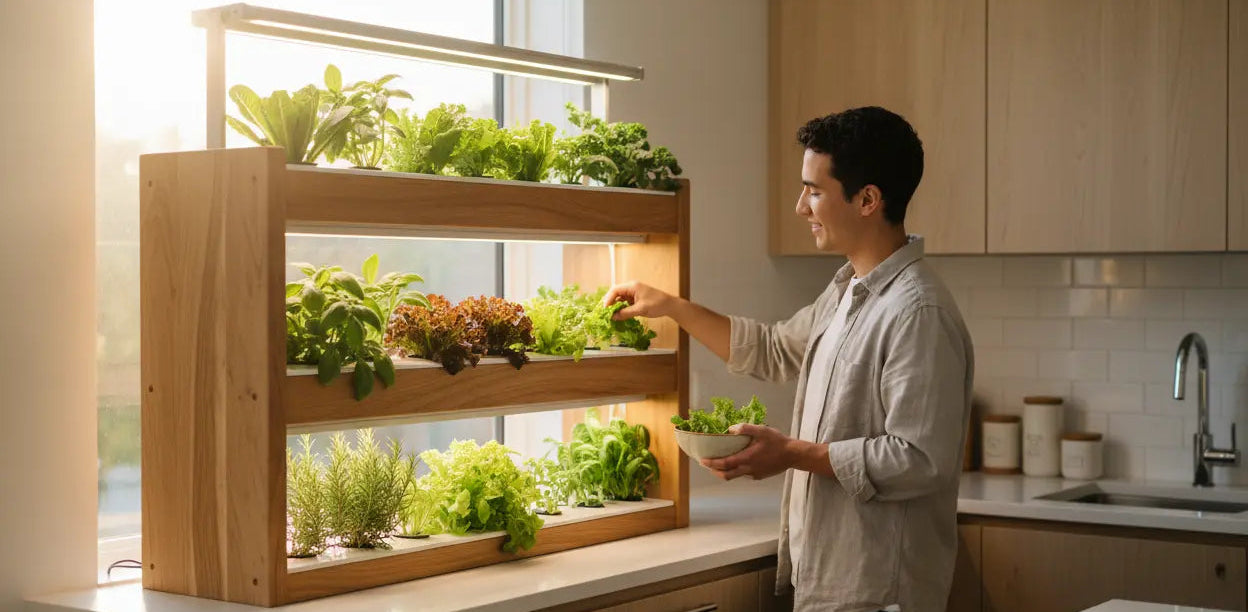 Modern kitchen with a wooden hydroponic indoor garden system growing fresh vegetables, person harvesting greens, natural daylight, clean home environment