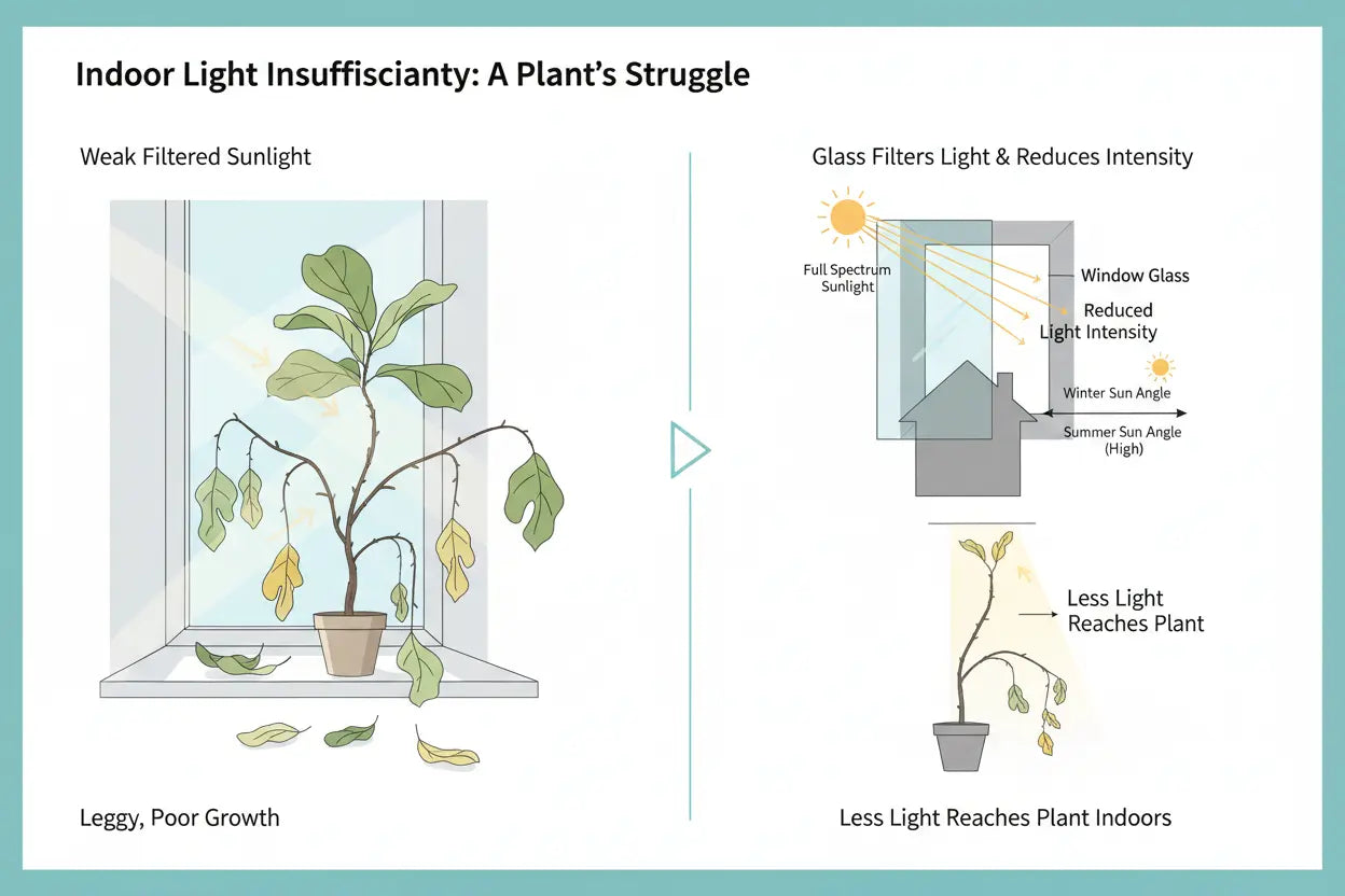 Indoor plant light insufficiency diagram showing weak filtered sunlight through window causing leggy growth, yellowing leaves, and poor photosynthesis compared to outdoor light intensity