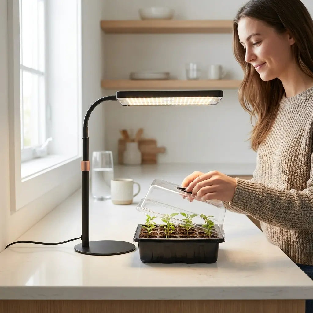 Person opening indoor seed starter kit with tray and dome showing first seedlings growing successfully