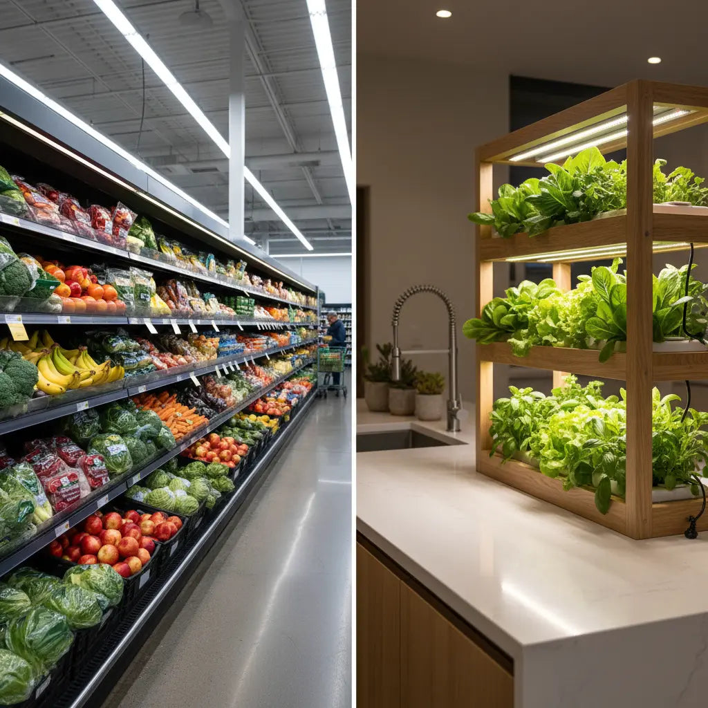 left side grocery store produce aisle, right side indoor food growing system in a home kitchen
