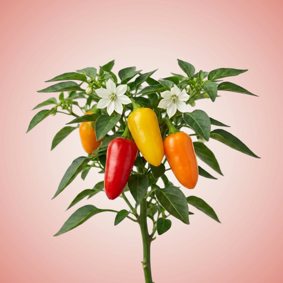 Three colorful peppers (orange, red, yellow) on a plant with green leaves against a gray background.