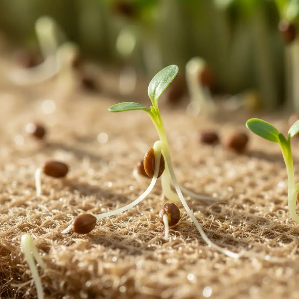 close up of broccoli microgreens seeds germinating with early roots and stems growing on natural grow mat