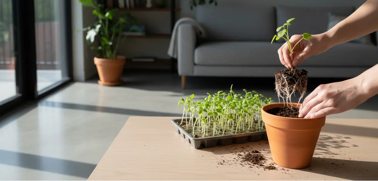 Person transferring young hydroponic plants into a pot in a home environment, healthy roots visible