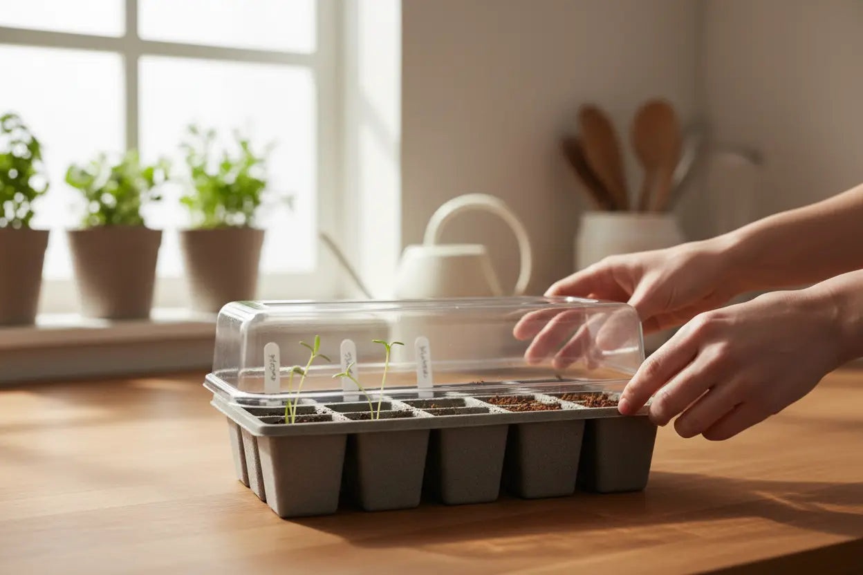 Setting up an indoor seed starter kit with humidity dome tray and sprouting seedlings on a kitchen countertop