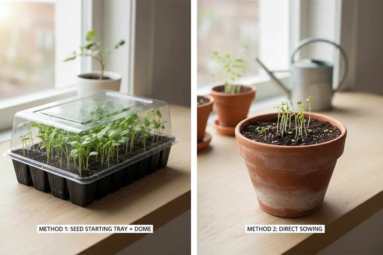 comparison of seedlings started in an indoor seed starter kit with humidity dome versus seeds planted directly in soil