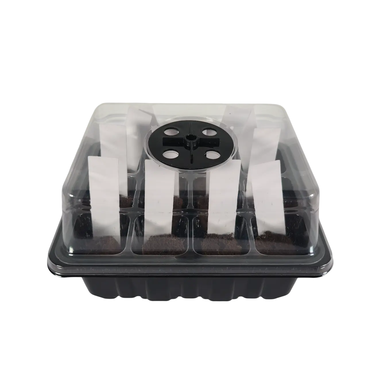 Seed starter tray with dome showing labeled grow cells and planting setup