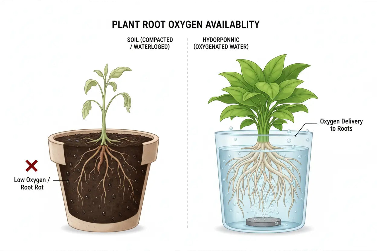 Split comparison showing compacted waterlogged soil with struggling plant roots on left versus hydroponic system with oxygen-rich water and healthy white roots on right, illustrating superior oxygen availability in hydroponics