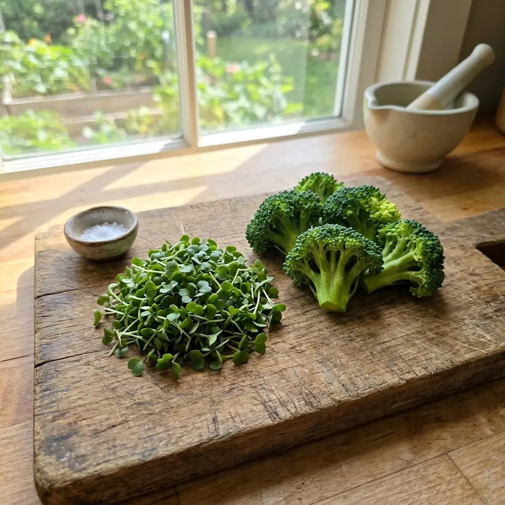 broccoli microgreens and mature broccoli florets side by side on a wooden cutting board
