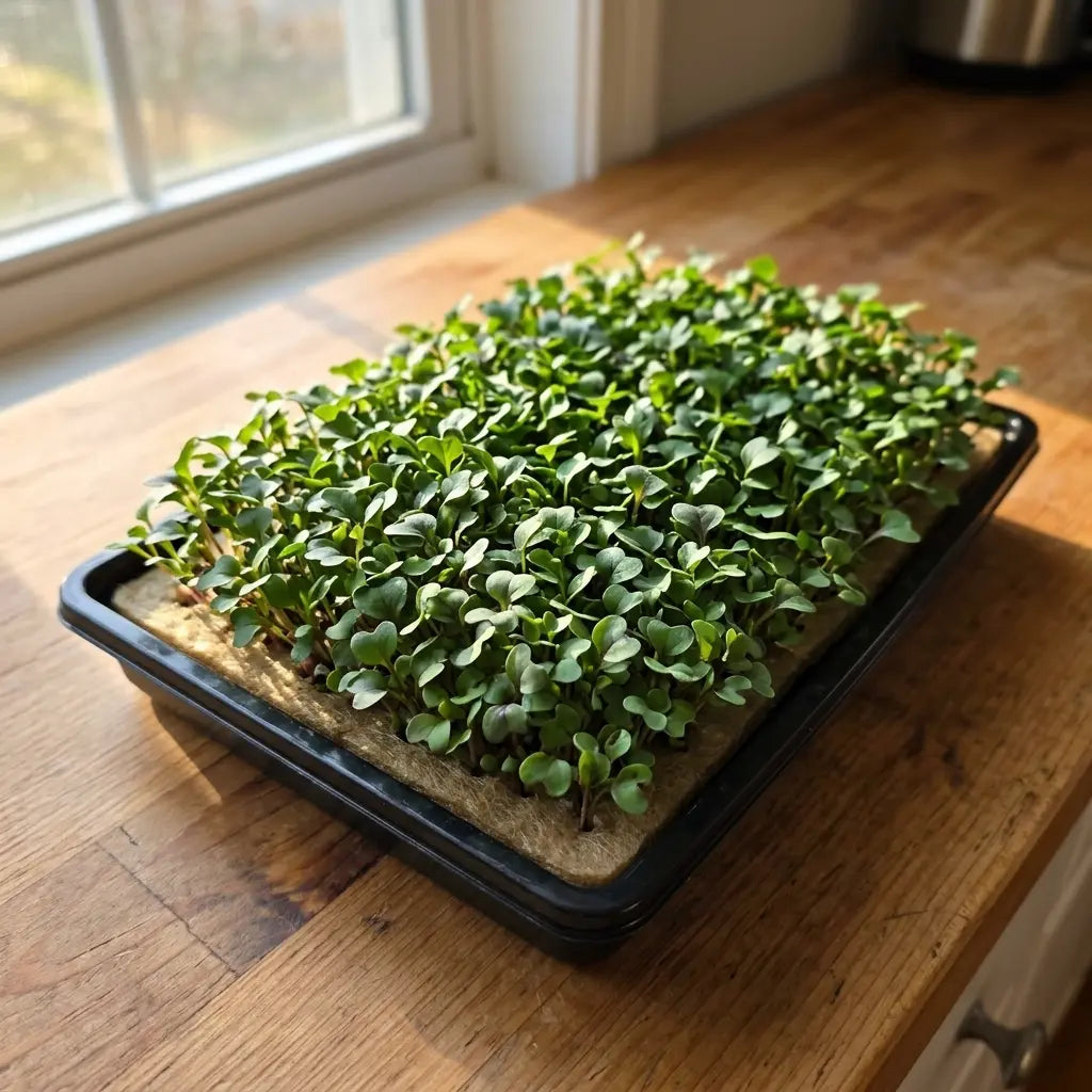 Arugula microgreens growing in a tray on a light brown organic grow mat on a wooden kitchen counter
