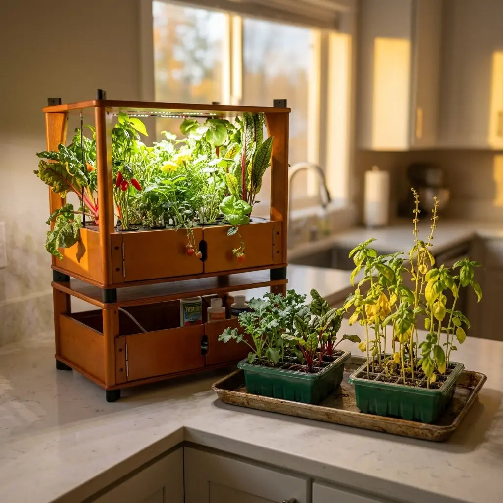 Basil and young kale and chard seedlings side by side in an Aquager hydroponic home farm for the autumn equinox transition