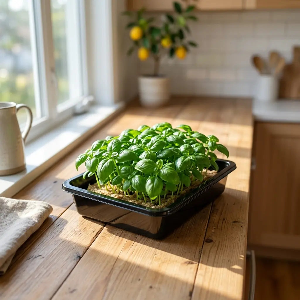 Vibrant green Genovese basil microgreens growing in a tray on a light brown organic grow mat on a wooden kitchen counter