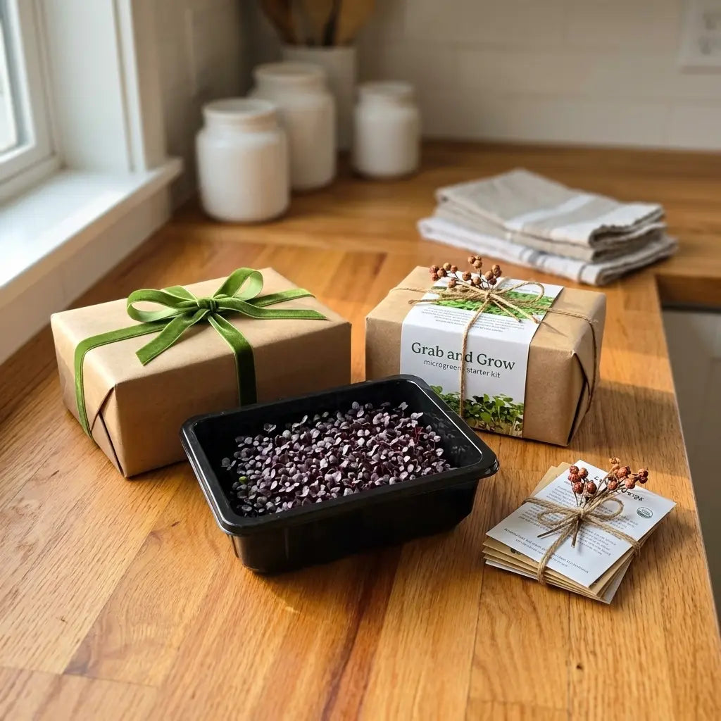 Black Friday microgreens gift guide featuring seed packets, a starter kit, and fresh radish microgreens on a wooden kitchen counter