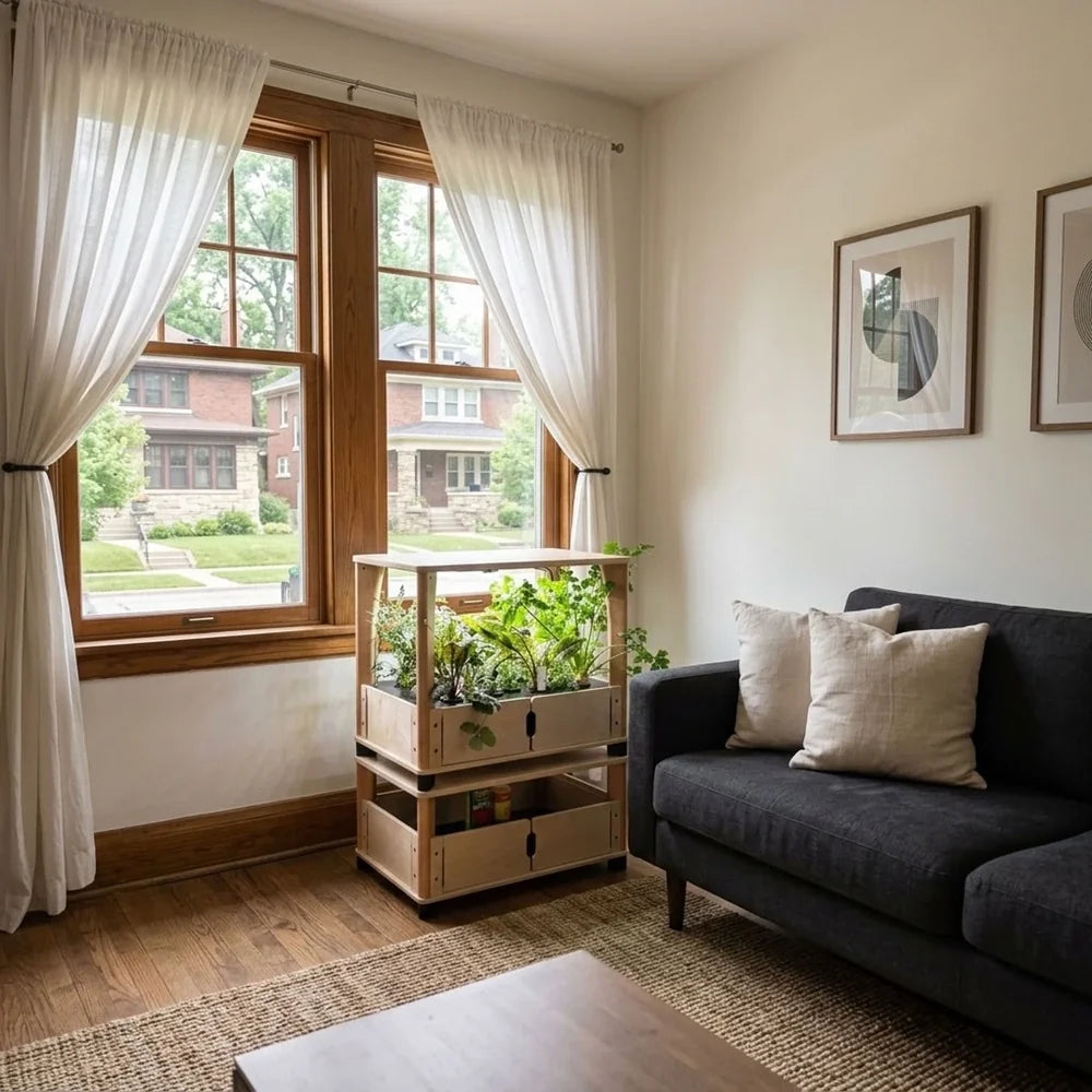 Wooden hydroponic farm with storage beside a sunny window in a bright living room, a practical closing gift for a new homeowner
