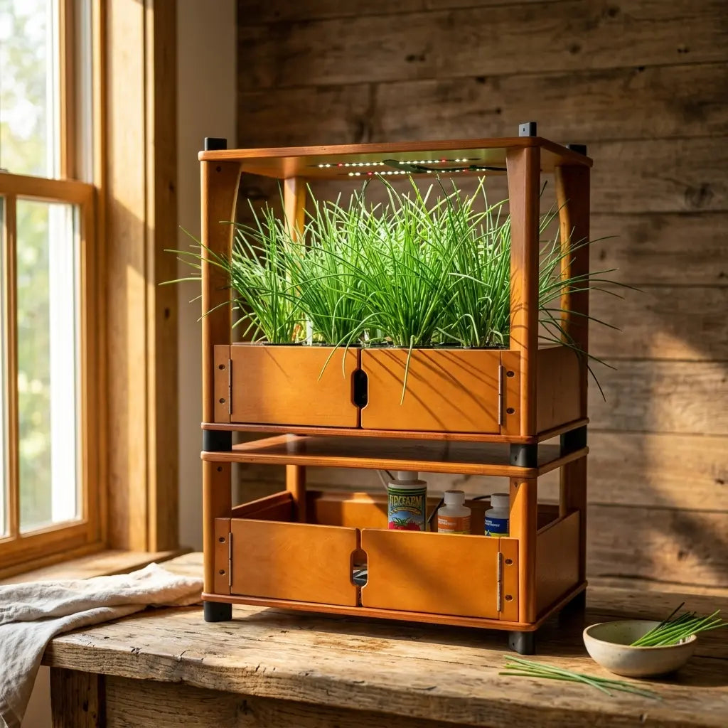 Lush chives with hollow green stems growing in an Aquager hydroponic home farm
