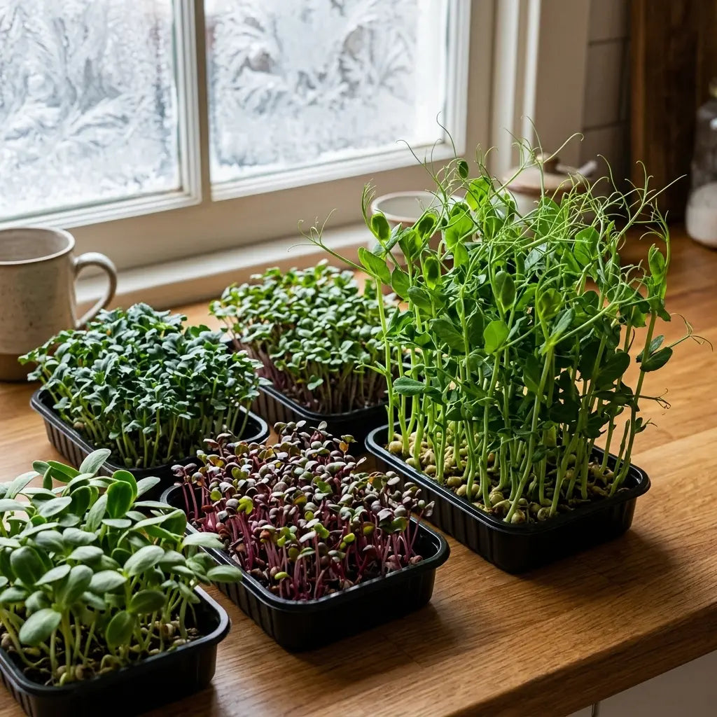 Fresh December microgreens grown at home for holiday cocktail garnishes