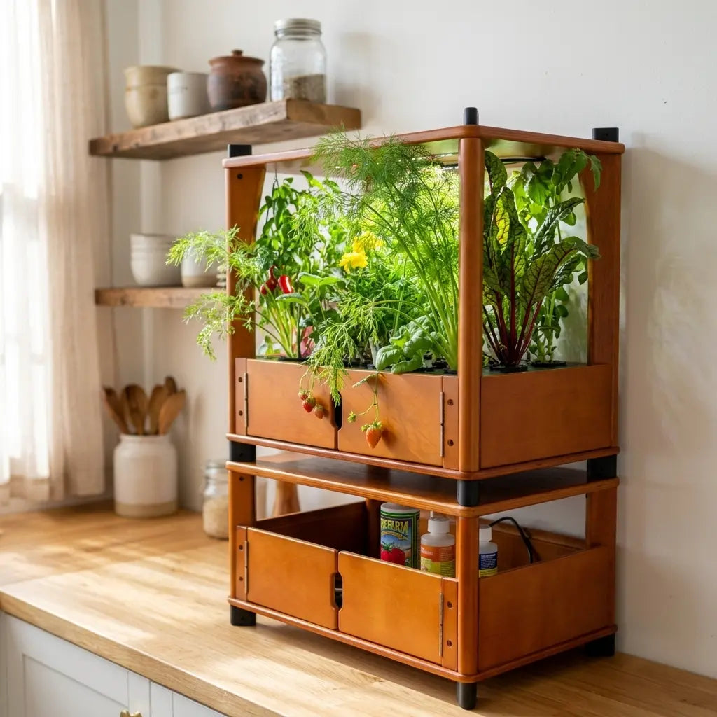Feathery fresh dill growing in an Aquager hydroponic home farm on a wooden kitchen counter