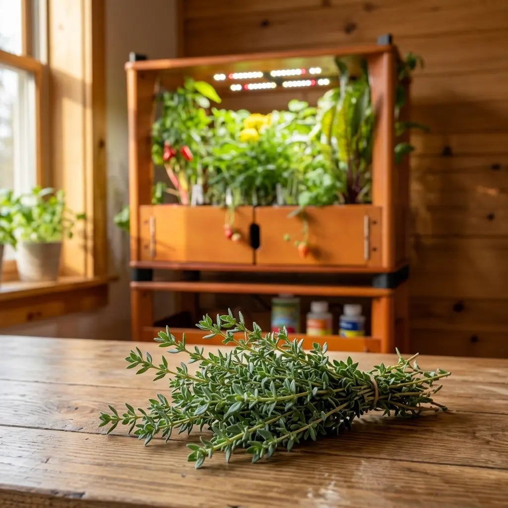 Freshly harvested bunch of thyme sprigs on a wooden kitchen counter from an Aquager hydroponic home farm