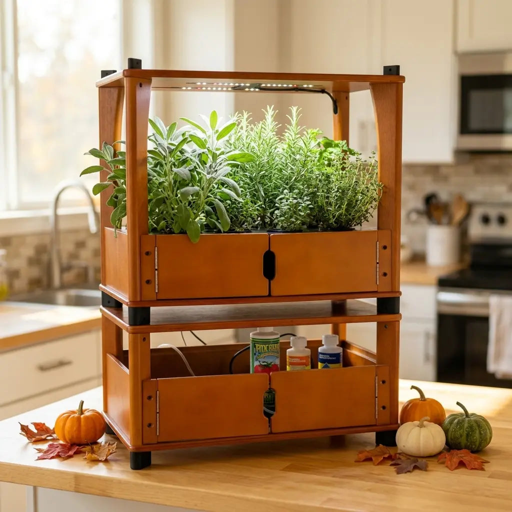 Fresh sage, rosemary, and thyme growing in an Aquager hydroponic home farm for fall cooking