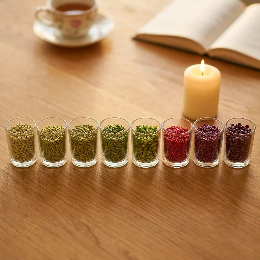 Eight jars of Hanukkah microgreens seeds in different colors arranged beside a lit menorah on a wooden table