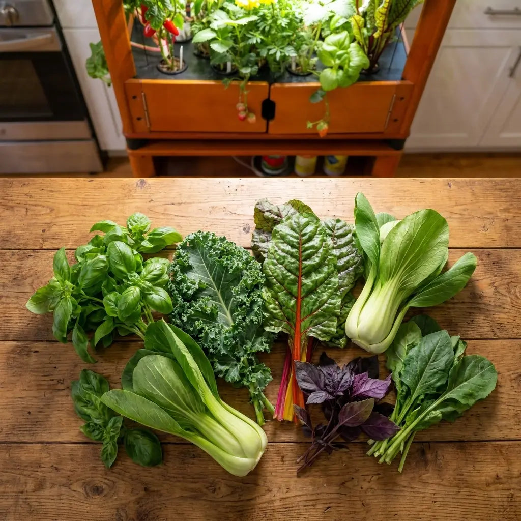 Aquager Hydroponic Home Farm lifestyle photo, fresh greens growing in a bright kitchen
